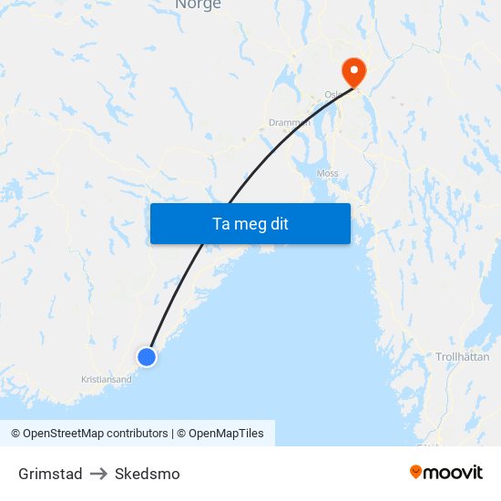 Grimstad to Skedsmo map