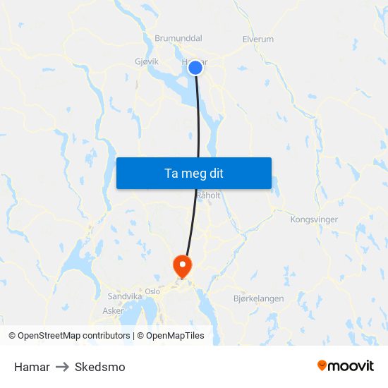 Hamar to Skedsmo map