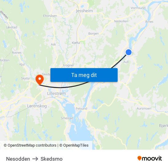 Nesodden to Skedsmo map