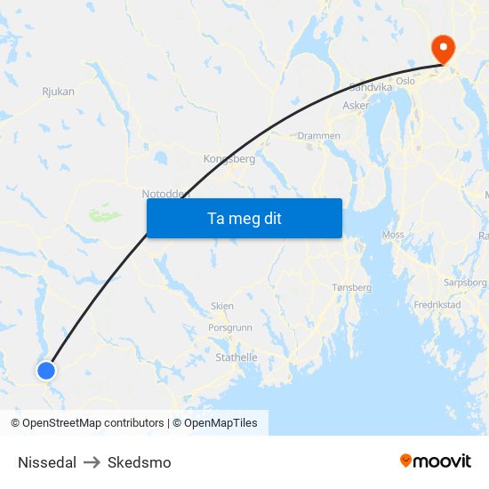 Nissedal to Skedsmo map