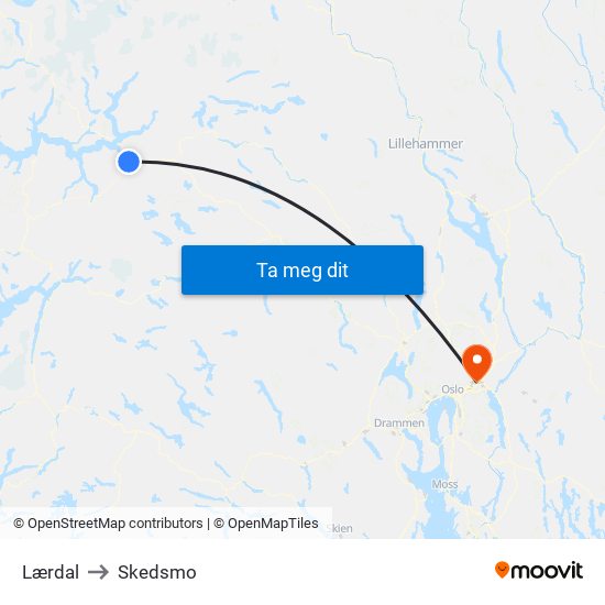 Lærdal to Skedsmo map