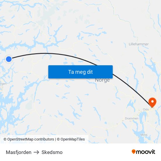 Masfjorden to Skedsmo map