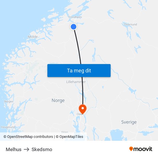 Melhus to Skedsmo map