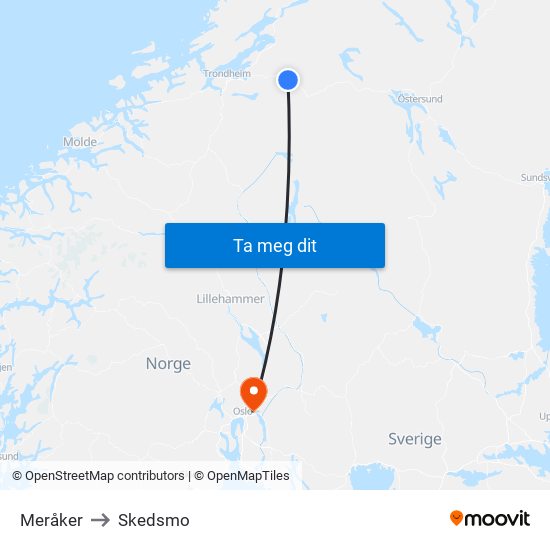 Meråker to Skedsmo map