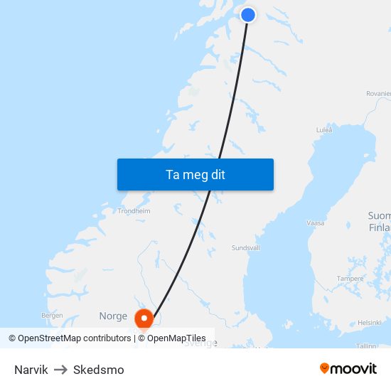 Narvik to Skedsmo map