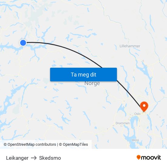 Leikanger to Skedsmo map