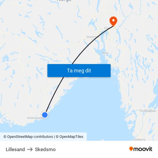 Lillesand to Skedsmo map