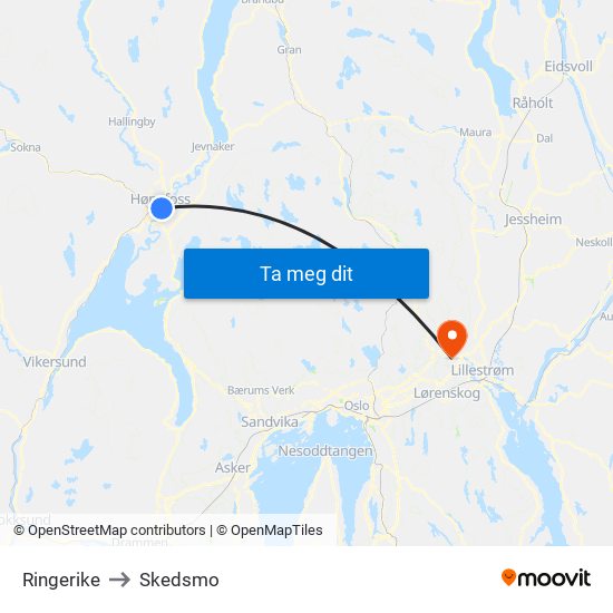 Ringerike to Skedsmo map