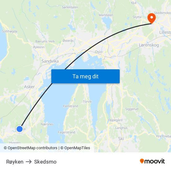 Røyken to Skedsmo map