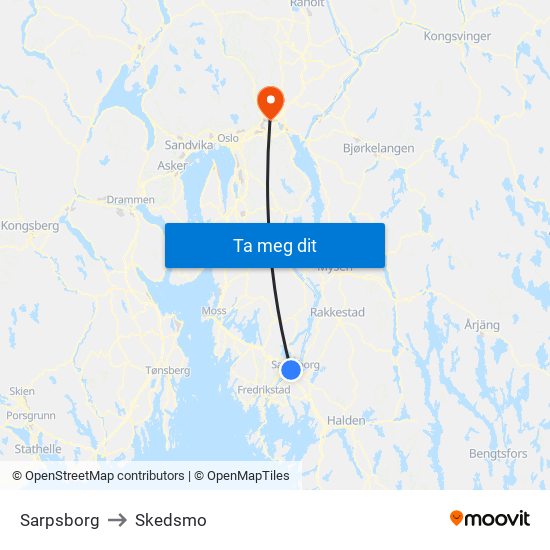 Sarpsborg to Skedsmo map