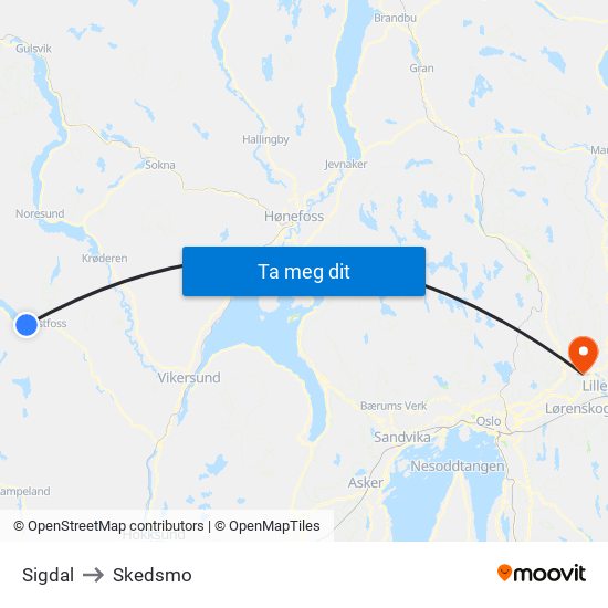 Sigdal to Skedsmo map