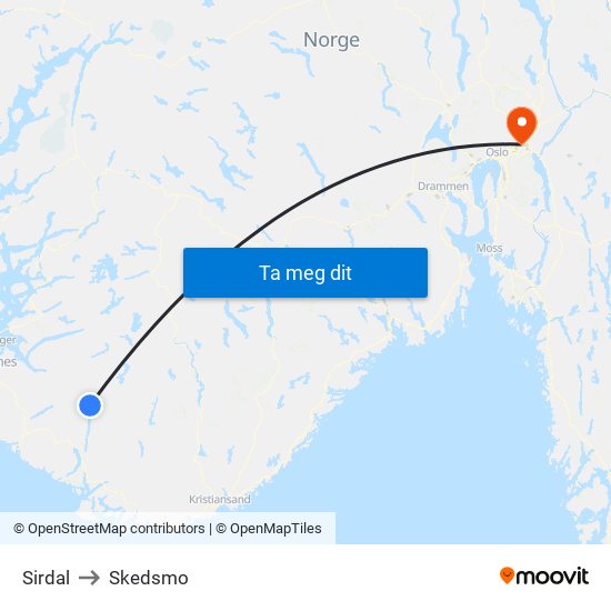 Sirdal to Skedsmo map