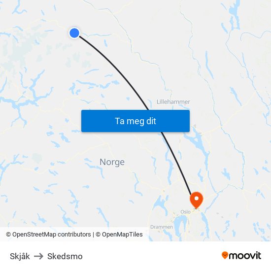 Skjåk to Skedsmo map