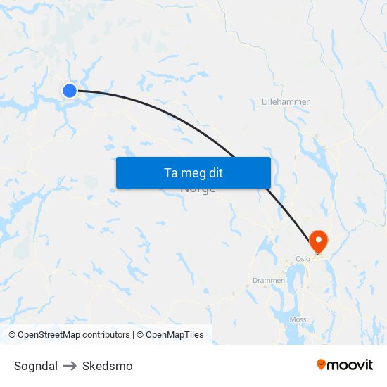 Sogndal to Skedsmo map
