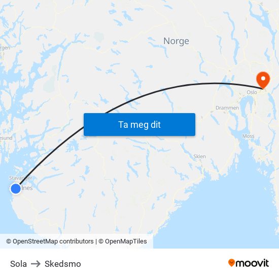 Sola to Skedsmo map