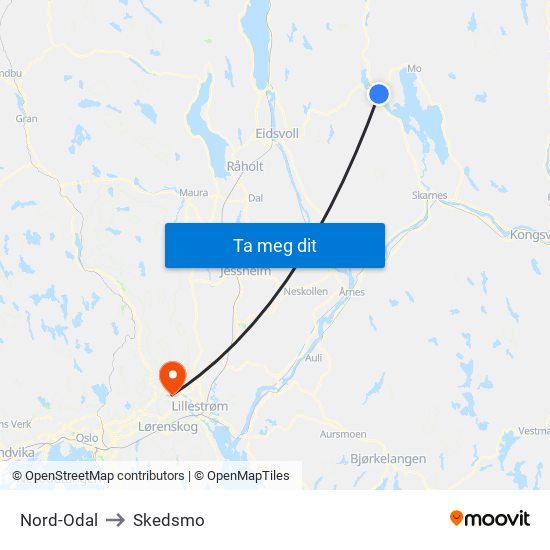 Nord-Odal to Skedsmo map