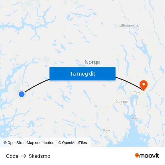 Odda to Skedsmo map