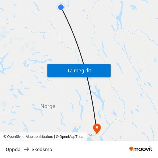 Oppdal to Skedsmo map