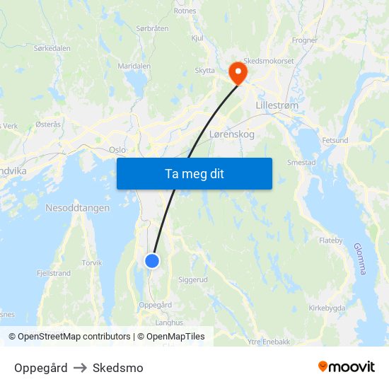 Oppegård to Skedsmo map