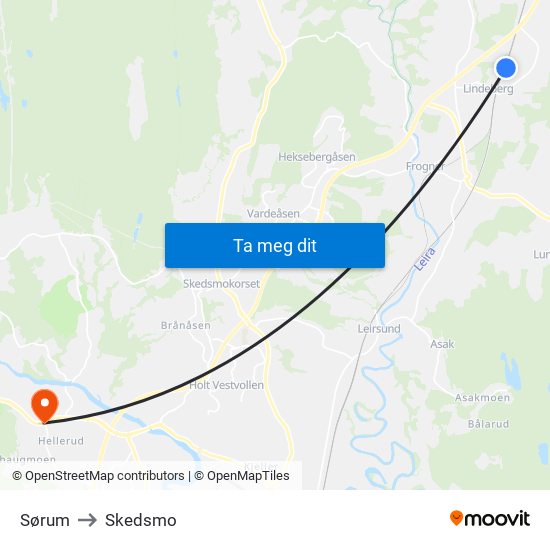 Sørum to Skedsmo map