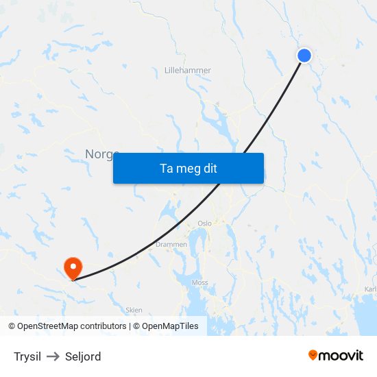 Trysil to Seljord map