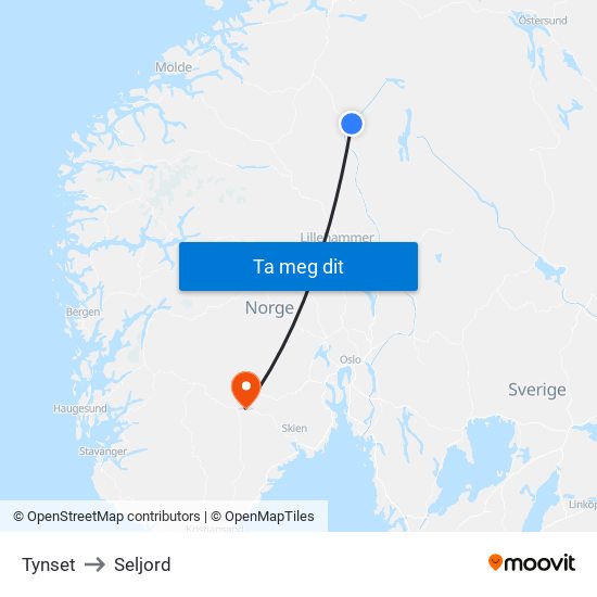 Tynset to Seljord map