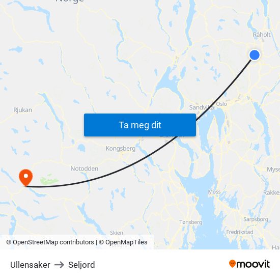 Ullensaker to Seljord map
