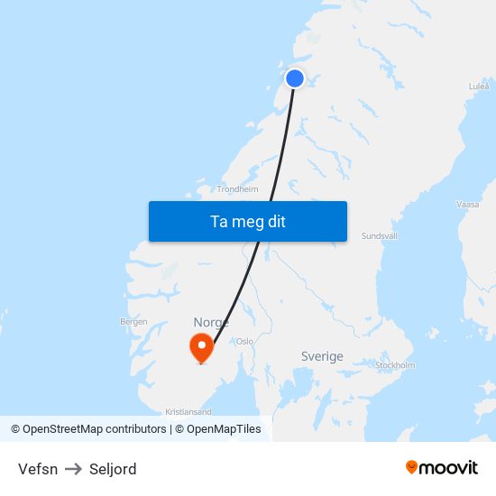 Vefsn to Seljord map