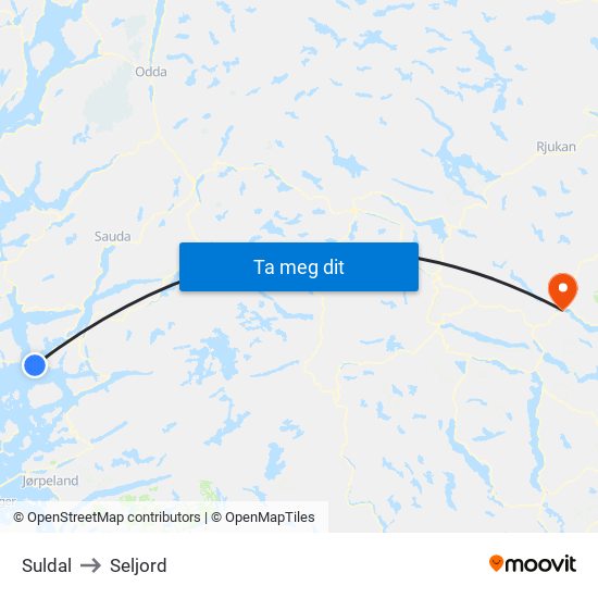 Suldal to Seljord map