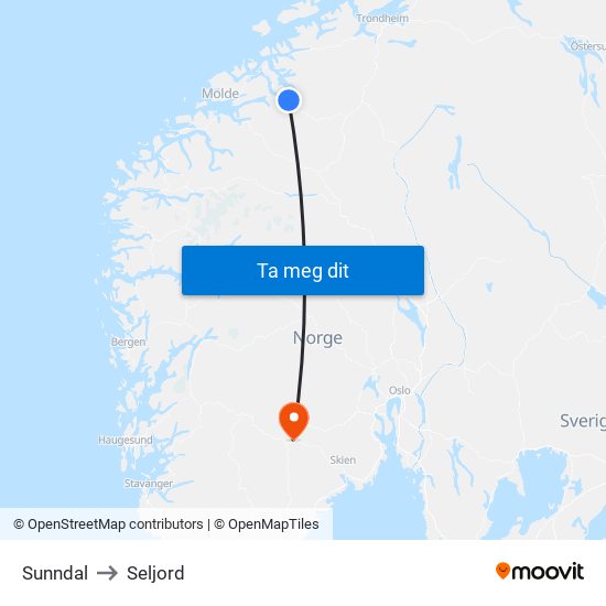 Sunndal to Seljord map