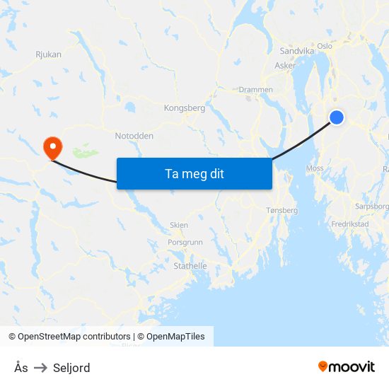 Ås to Seljord map