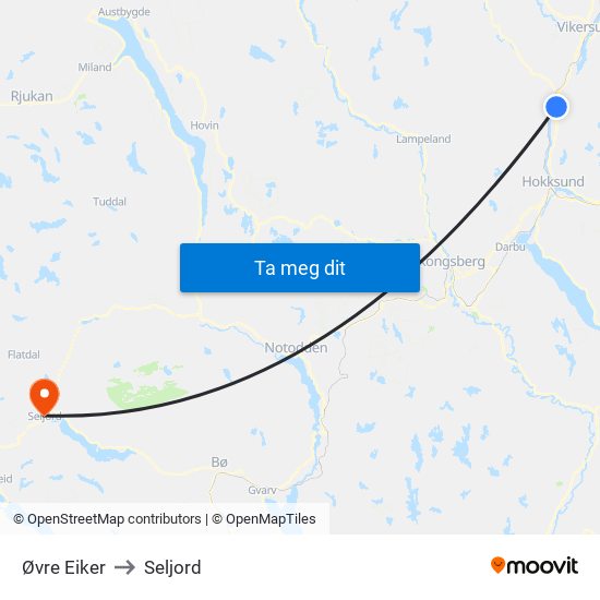 Øvre Eiker to Seljord map