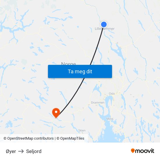 Øyer to Seljord map