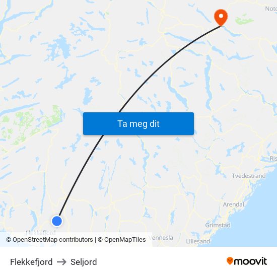 Flekkefjord to Seljord map