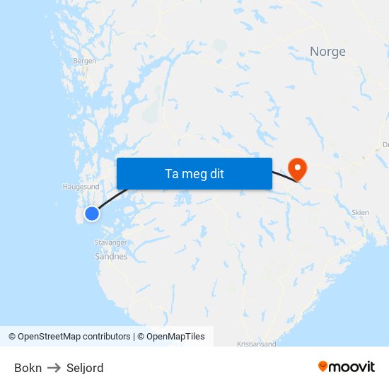 Bokn to Seljord map