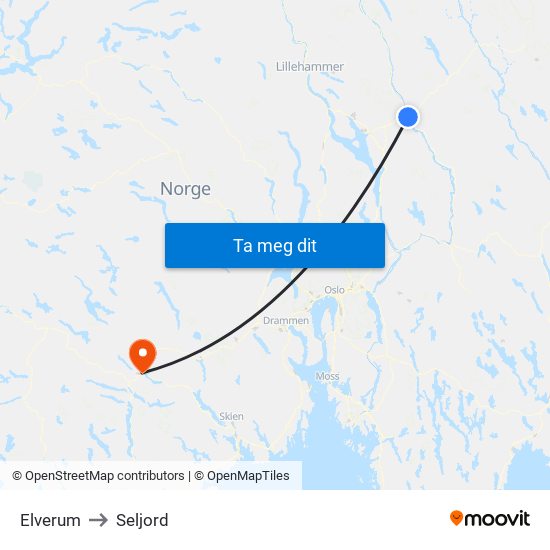 Elverum to Seljord map