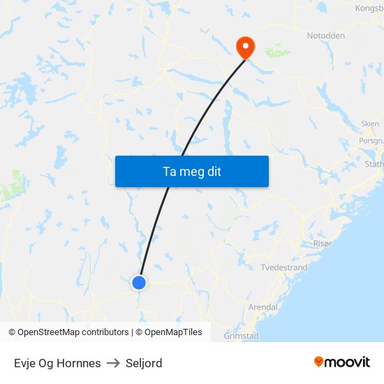 Evje Og Hornnes to Seljord map