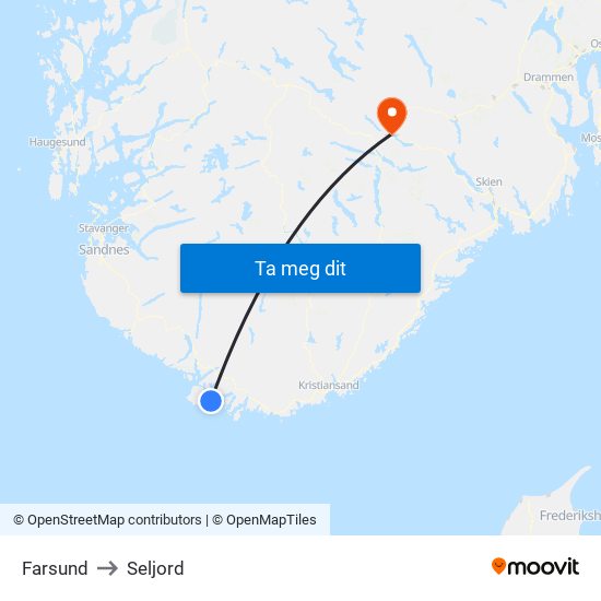 Farsund to Seljord map