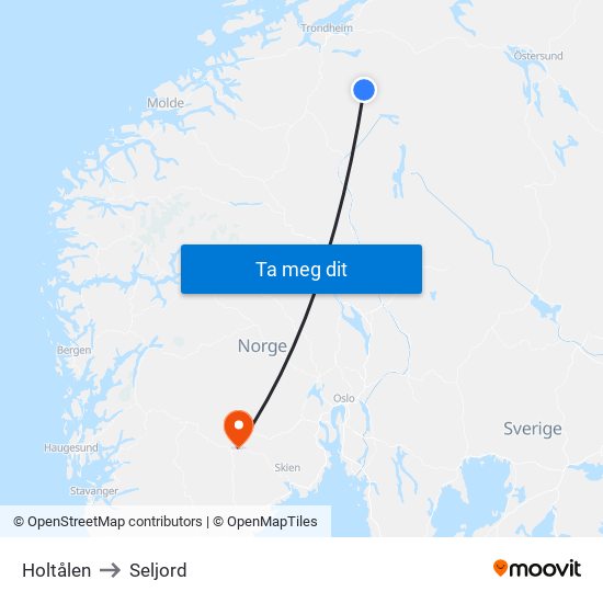 Holtålen to Seljord map