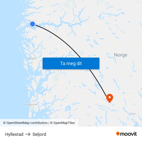 Hyllestad to Seljord map