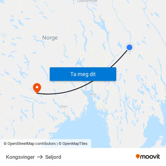 Kongsvinger to Seljord map