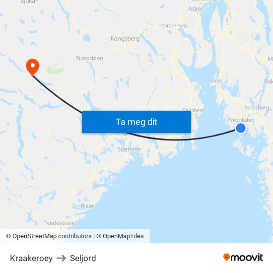 Kraakeroey to Seljord map