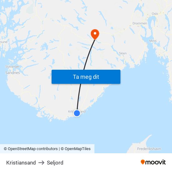 Kristiansand to Seljord map