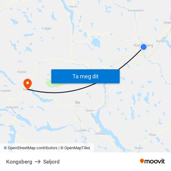 Kongsberg to Seljord map