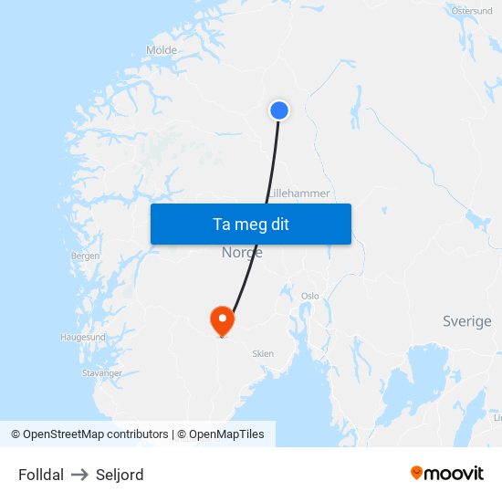 Folldal to Seljord map