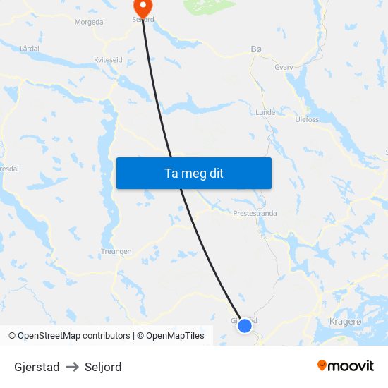 Gjerstad to Seljord map