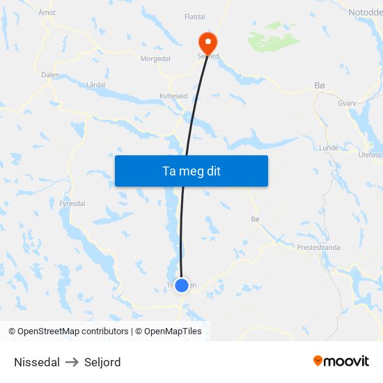 Nissedal to Seljord map