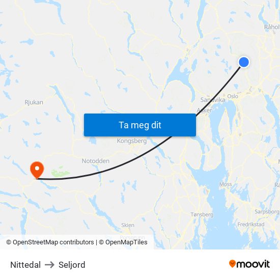 Nittedal to Seljord map