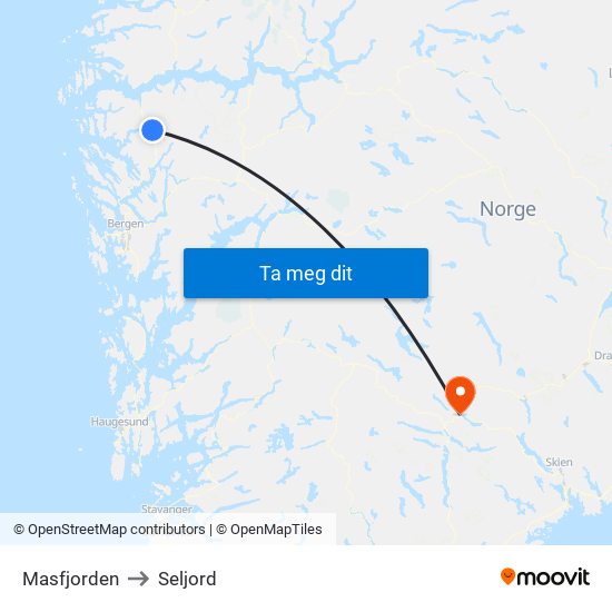 Masfjorden to Seljord map