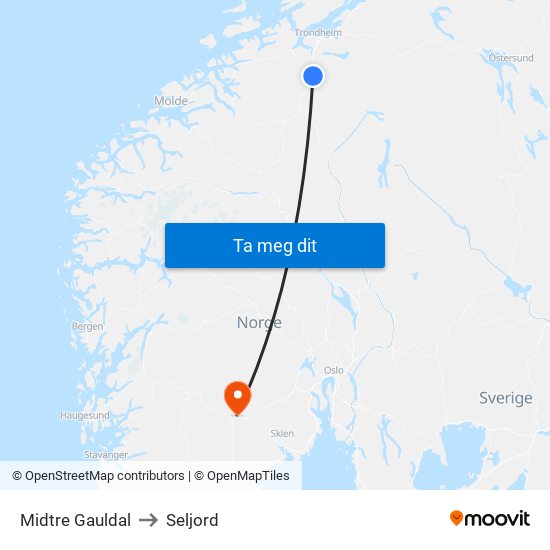 Midtre Gauldal to Seljord map